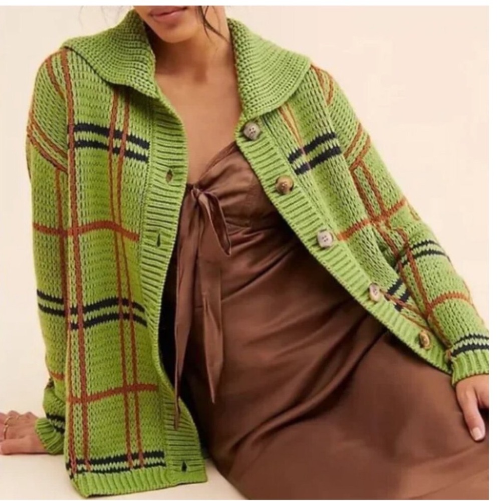 Callahan Knitwear‎ Green Plaid Shawl Collar Chunky Cardigan Sweater XS Womens